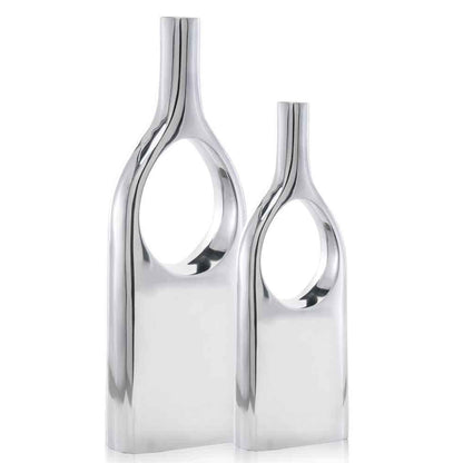 Set of Two Silver Aluminum Modern Hole Table Vases