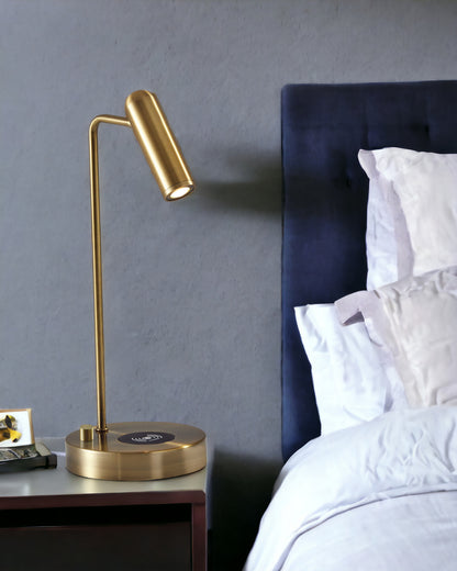 17" Brass Metal LED Desk Lamp With USB And Wireless Charging