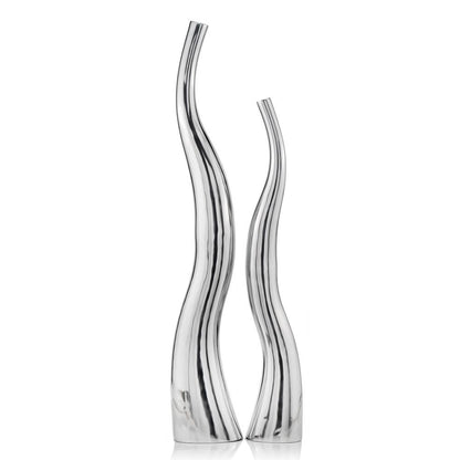 Set of Two Aluminum Silver Wavy Floor Vases