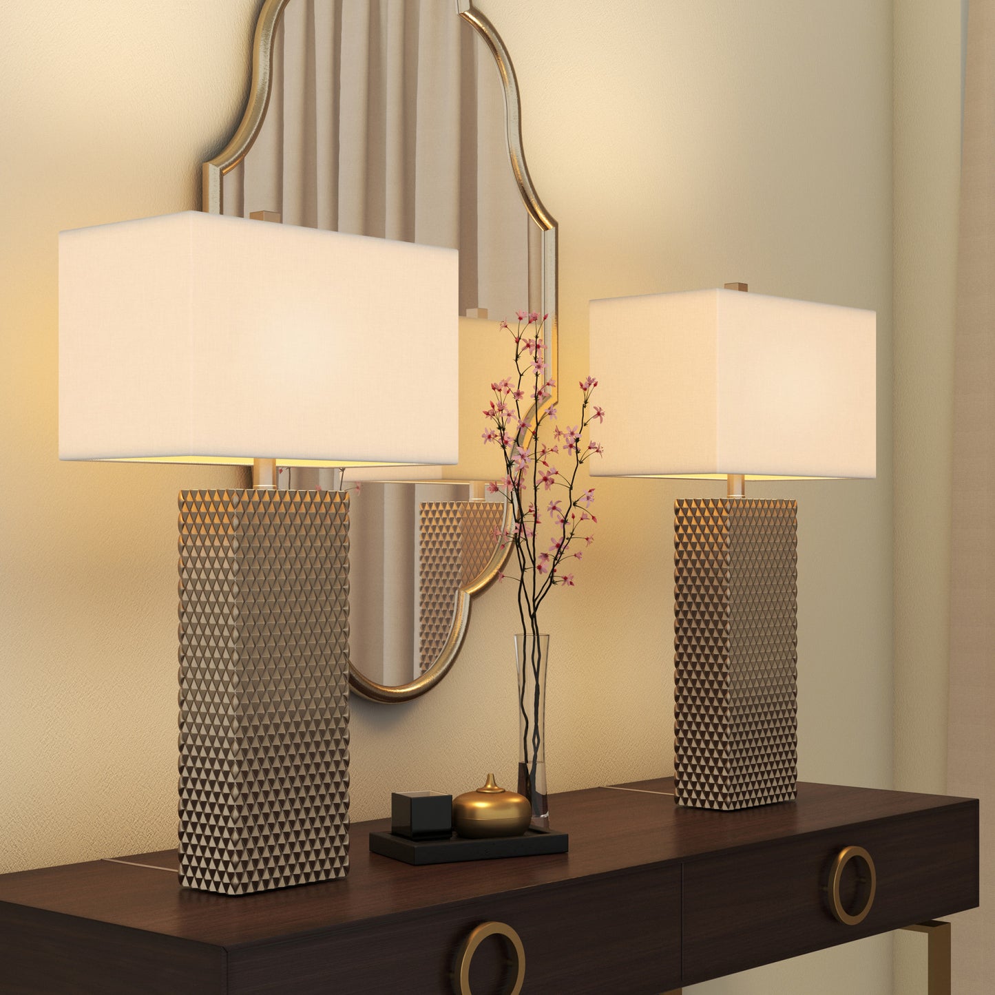 Set of Two 29" Gold Waffle Table Lamps With White Shade