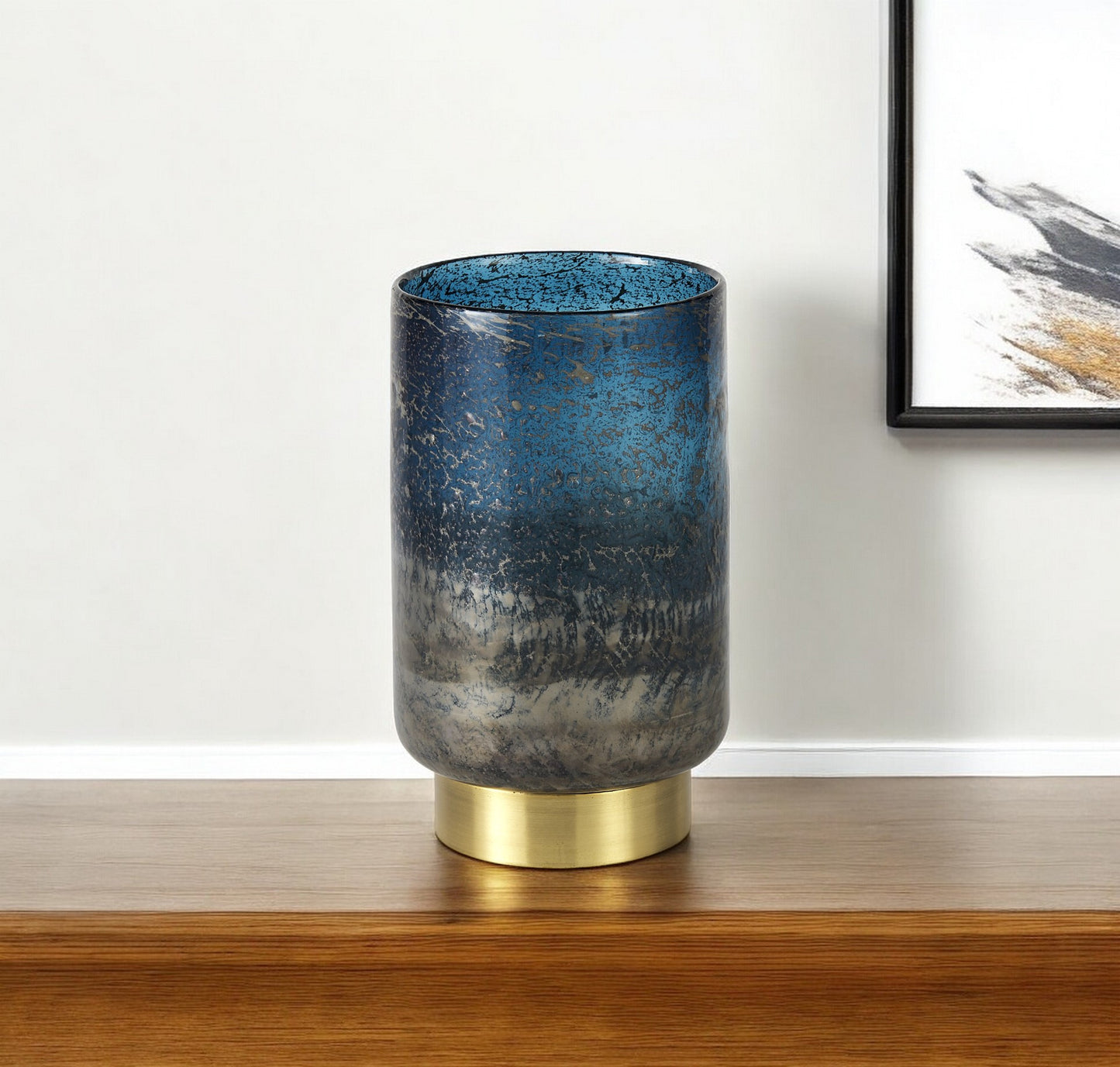 10" Artisan Blue and Gold Metallic Flat Bottom Vase