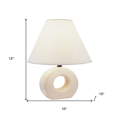 12" Beige Ceramic Bedside Table Lamp With White Empire Shade