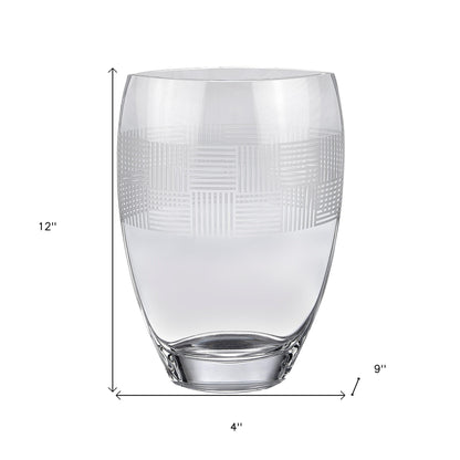 12" Clear With Geometric Pattern Oval Crystal Table Vase