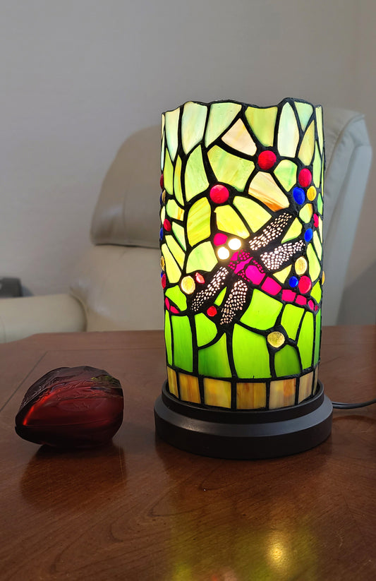 11" Green and Pink Dragonfly Stained Glass Accent Lamp