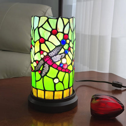 11" Green and Pink Dragonfly Stained Glass Accent Lamp