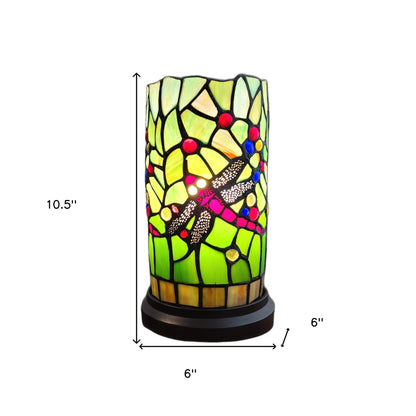 11" Green and Pink Dragonfly Stained Glass Accent Lamp