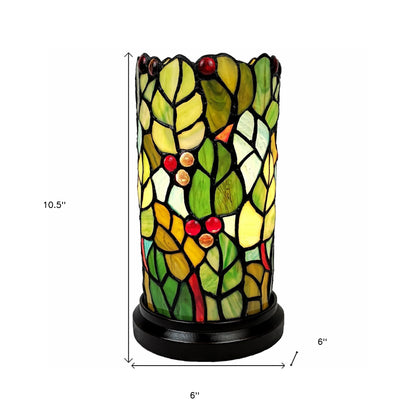 11" Green and Red Leaves and Berries Stained Glass Accent Lamp