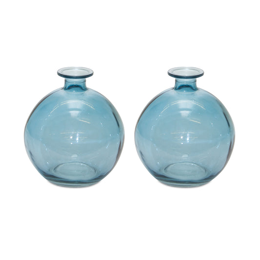 Set of Two Blue Glass Round Table Vase