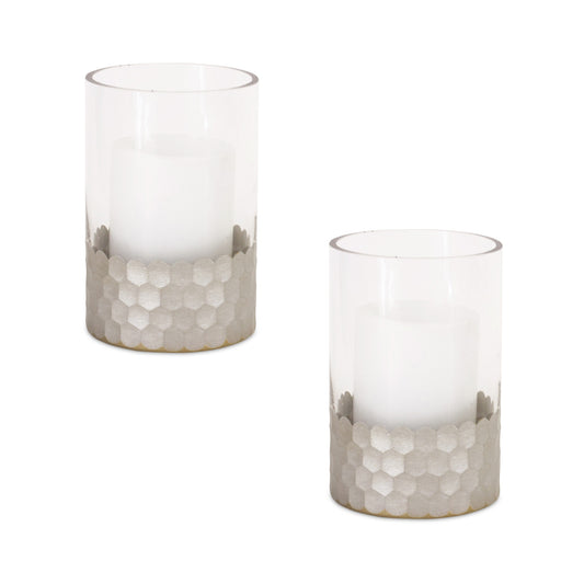 Set of Two Clear and Silver Glass Geometric Tabletop Pillar Candle Holders