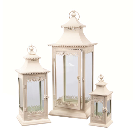 Set of Three Ivory Glass and Metal Ornate Floor Lantern Candle Holders