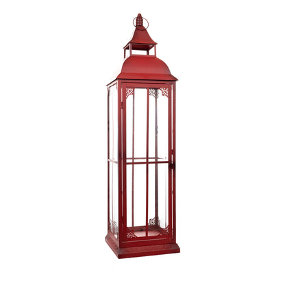 Set of Three Red Glass and Metal Ornate Floor Lantern Candle Holders