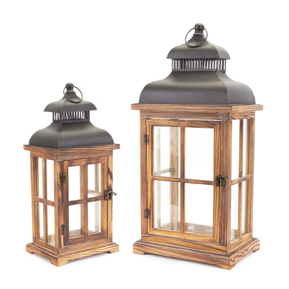 Set of Two Natural and Black Glass Wood and Metal Floor Lantern Candle Holders