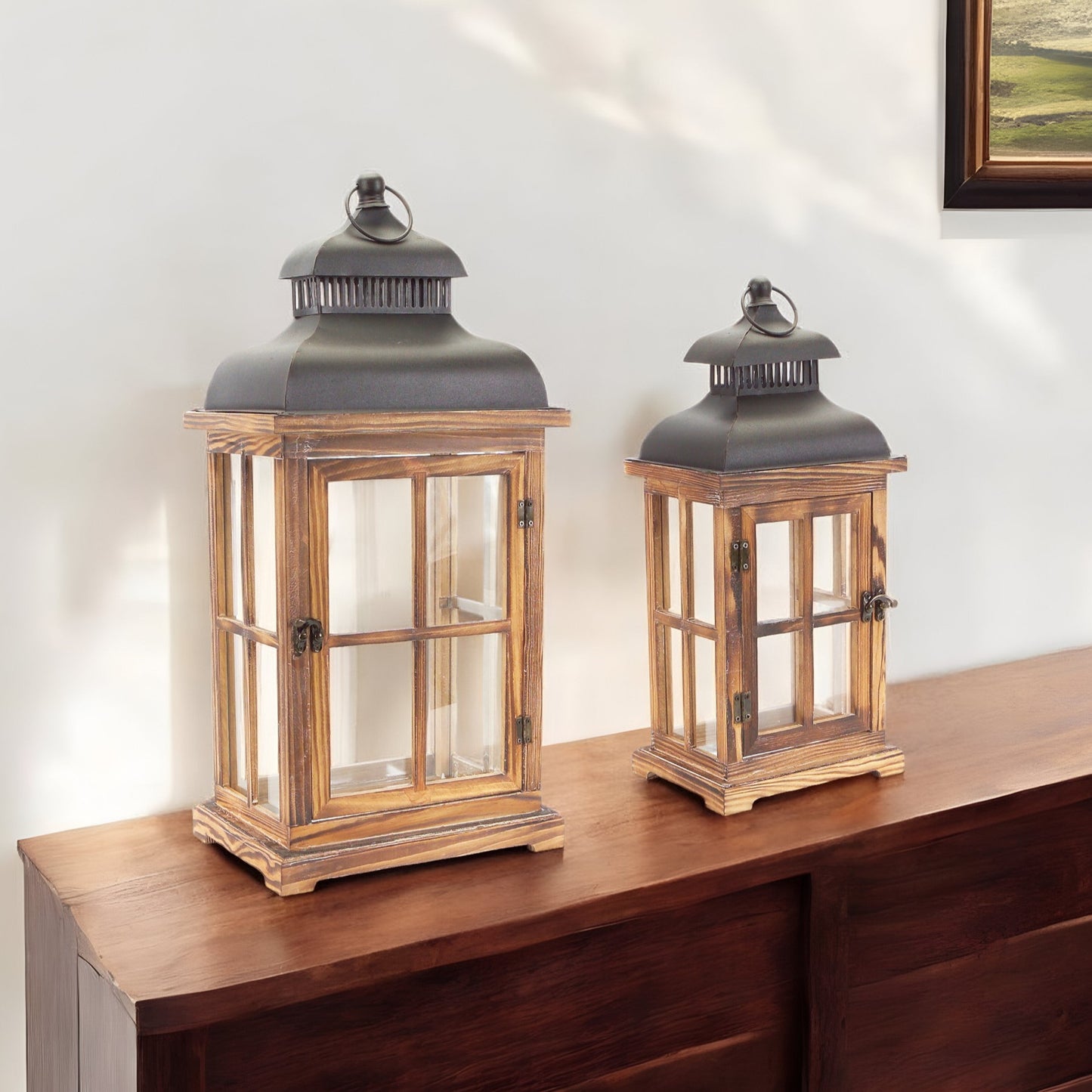 Set of Two Natural and Black Glass Wood and Metal Floor Lantern Candle Holders