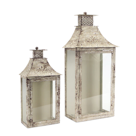 Set of Two Beige Iron and Glass Filigree Floor Lantern Candle Holders