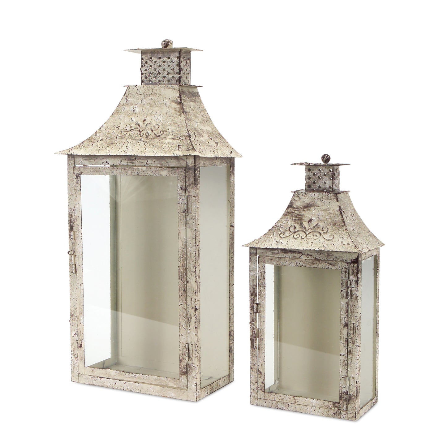 Set of Two Beige Iron and Glass Filigree Floor Lantern Candle Holders