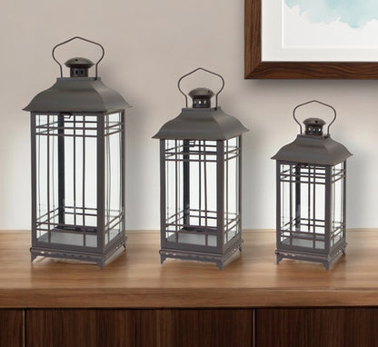 Set of Three Black Glass and Metal Geometric Floor Lantern Candle Holders