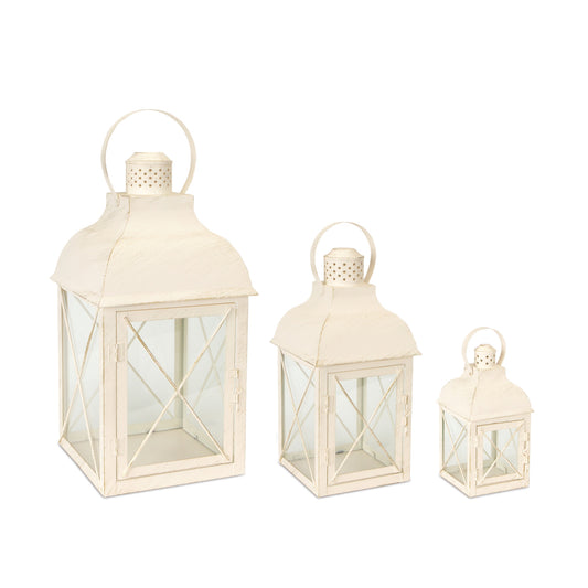 Set of Three Ivory Glass and Metal Geometric Floor Lantern Candle Holders