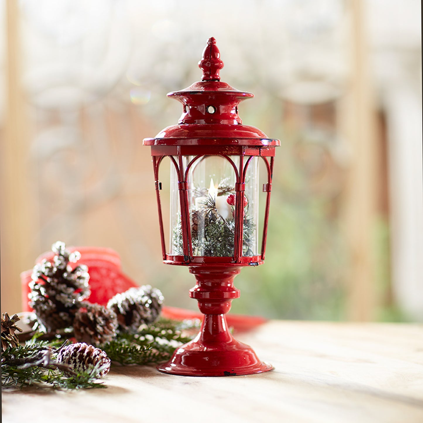 Set of Two Red Glass and Metal Distressed Tabletop Lantern Candle Holders