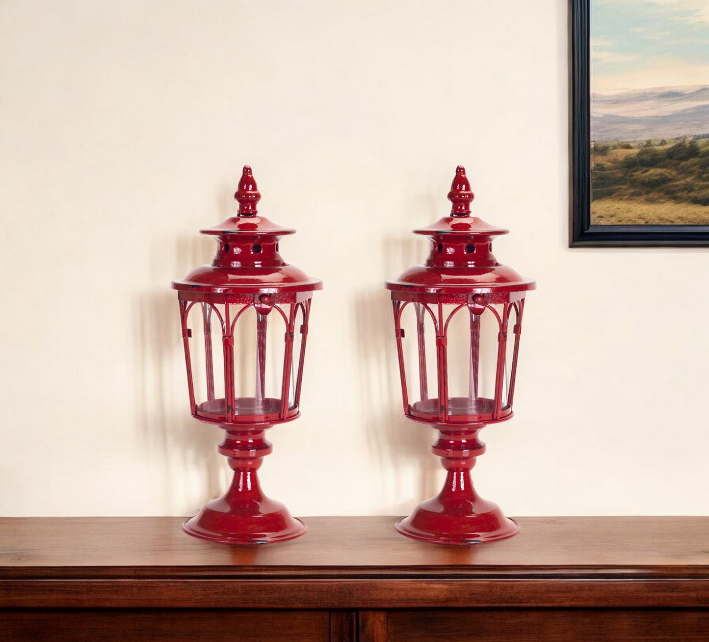 Set of Two Red Glass and Metal Distressed Tabletop Lantern Candle Holders