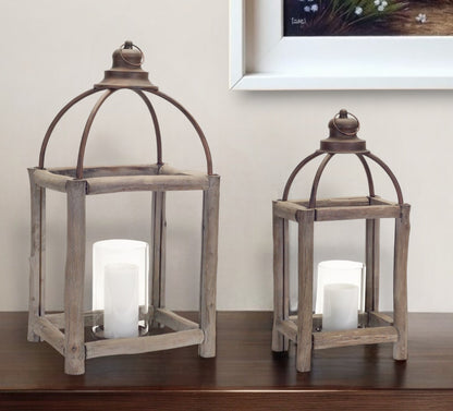 Set of Two Natural and Gray Glass Wood and Metal Geometric Floor Lantern Candle Holders