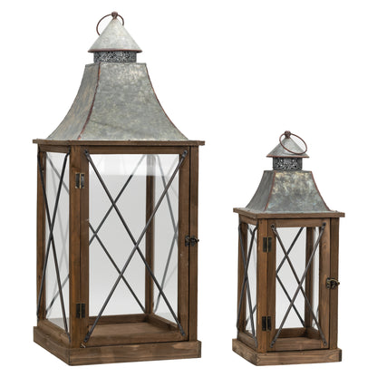 Set of Two Brown Black and Gray Wood and Galvanized Metal Lattice Floor Lantern Candle Holders