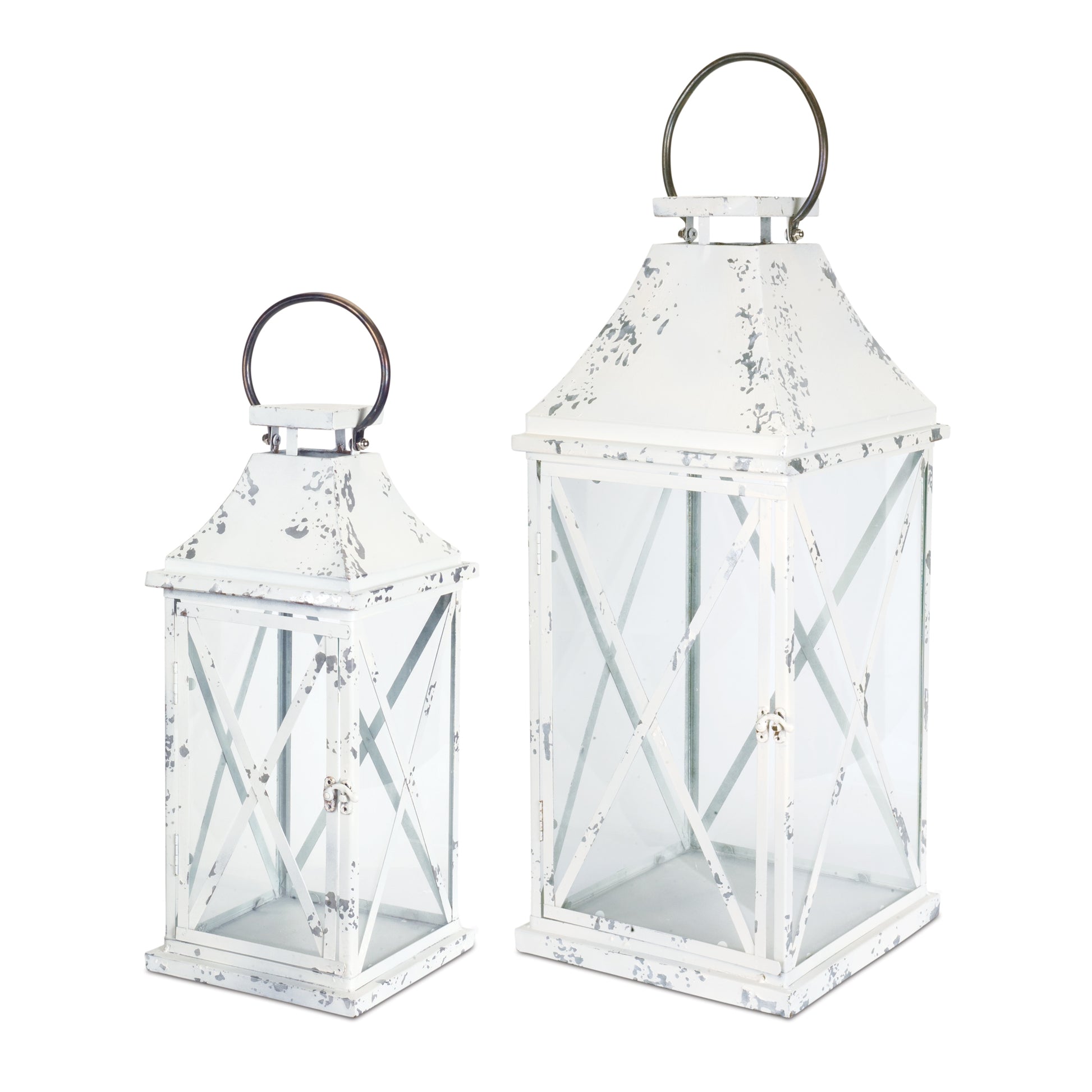 Set of Two White Glass and Metal Lattice Floor Lantern Candle Holders