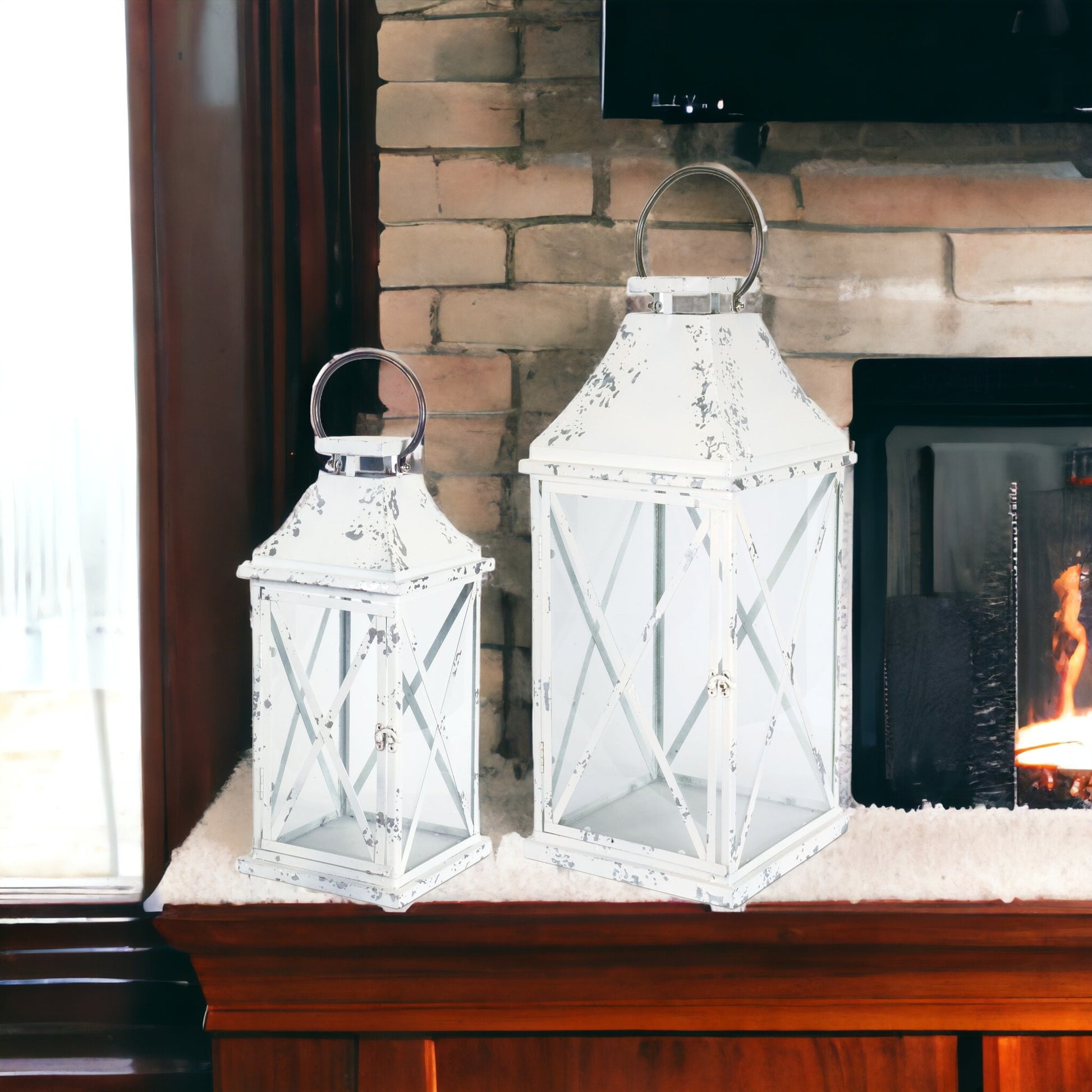 Set of Two White Glass and Metal Lattice Floor Lantern Candle Holders