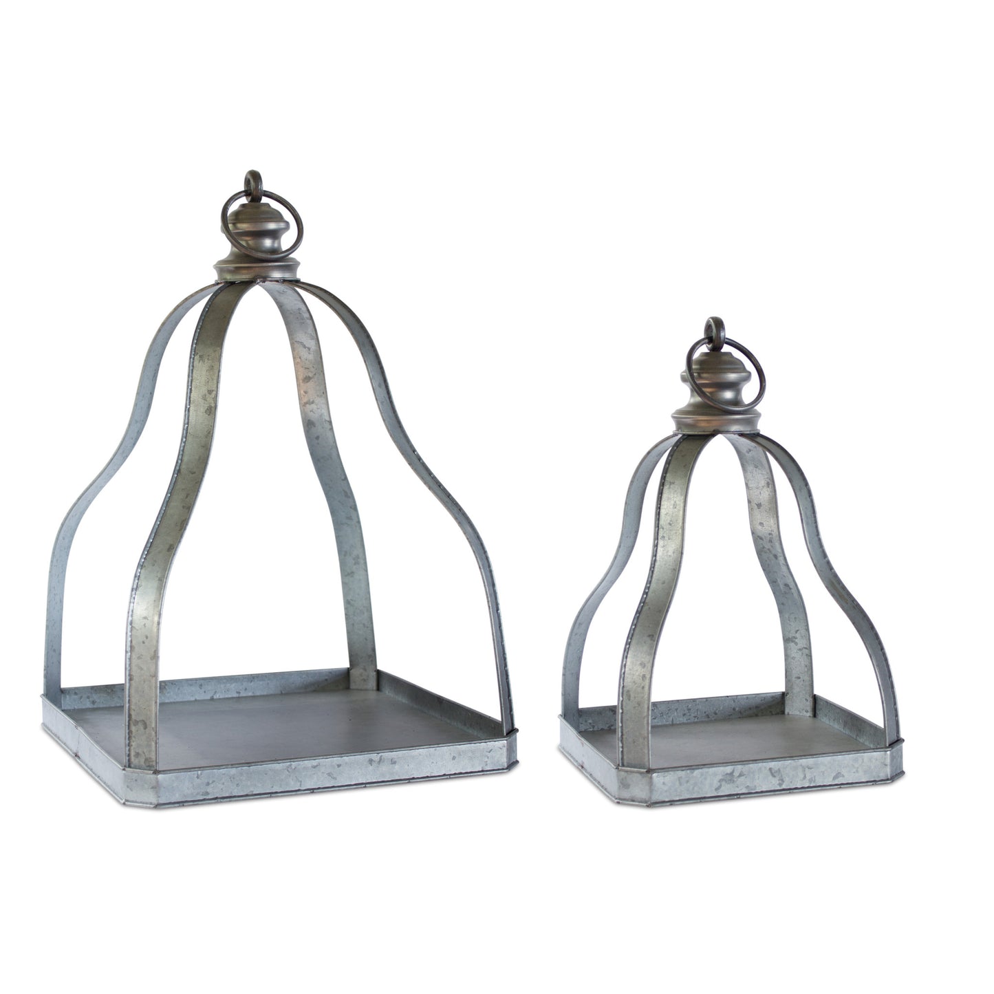 Set of Two Gray Galvanized Metal Tabletop Lantern Candle Holders