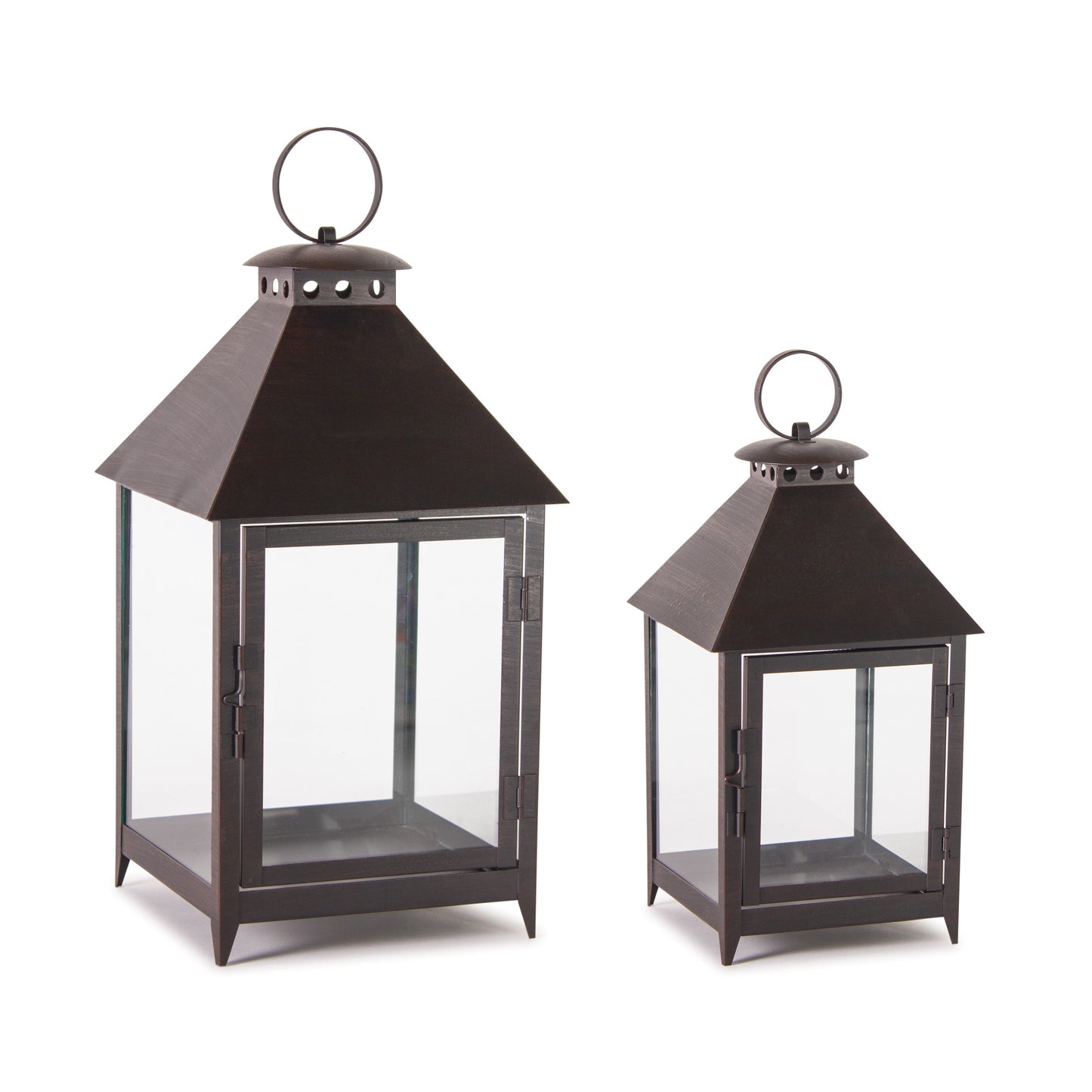 Set of Two Black Iron and Glass Geometric Floor Lantern Candle Holders