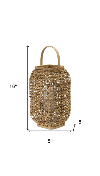 16" Natural Glass and Wicker Woven Floor Lantern Candle Holder