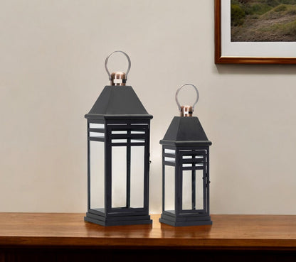 Set of Two Black and Gold Glass and Metal Floor Lantern Candle Holders