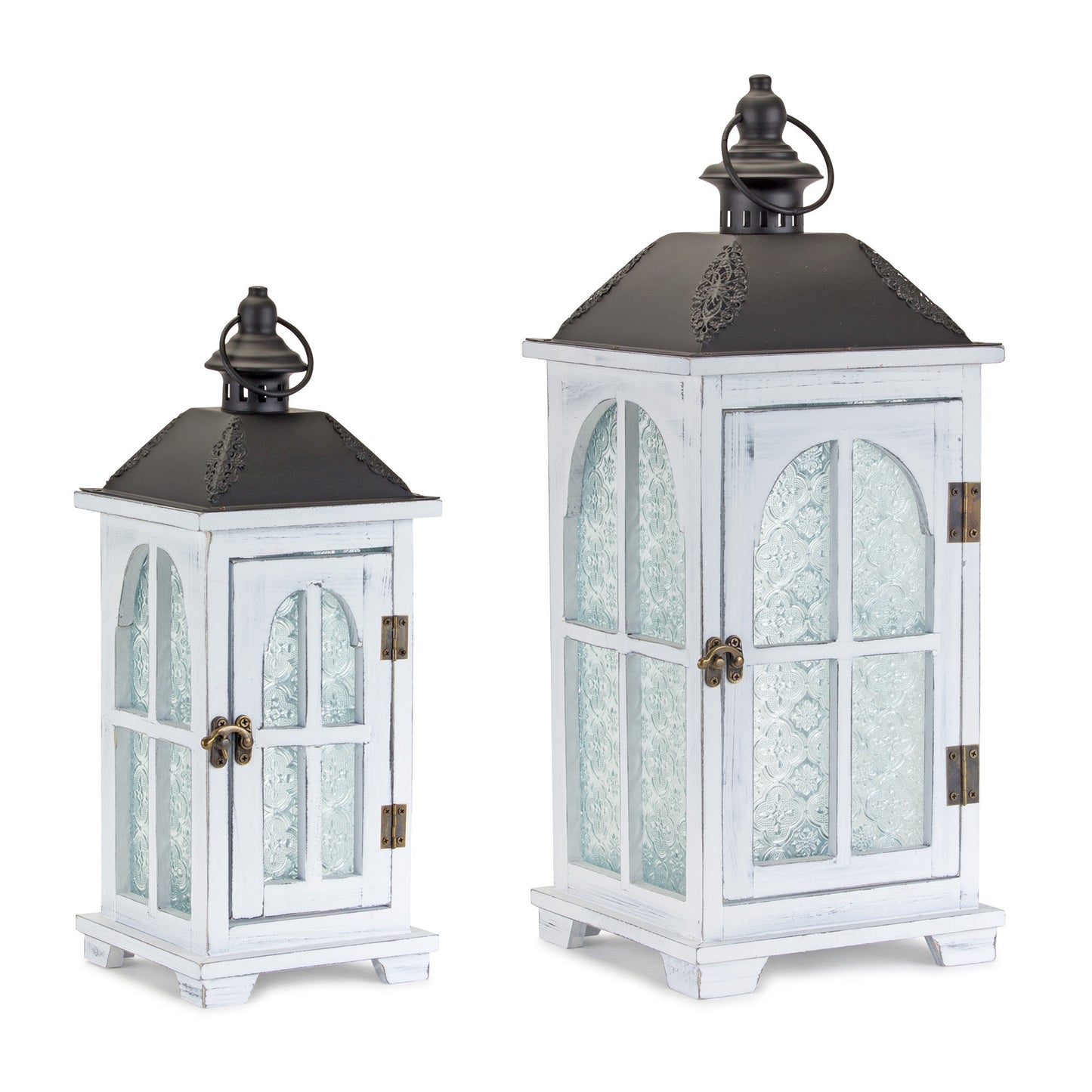 Set of Two White and Black Glass Wood and Metal Ornate Floor Lantern Candle Holders