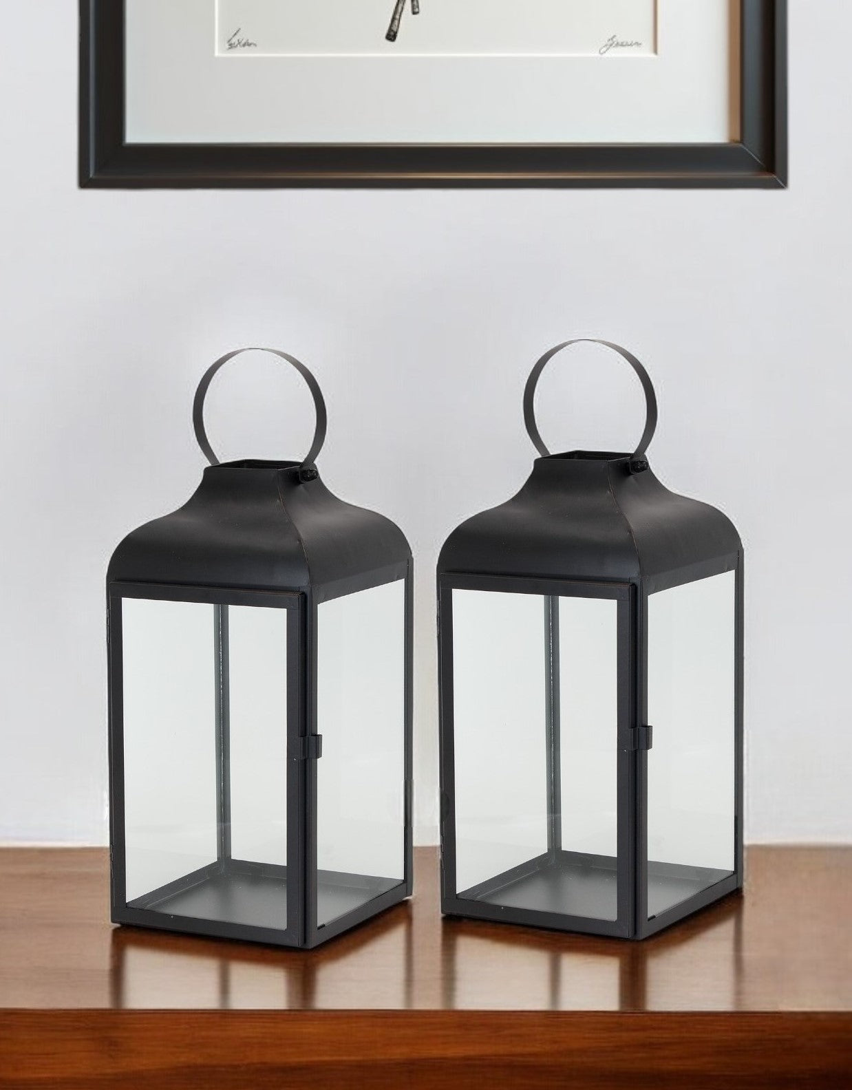 Set Of Two Black Flameless Floor Lantern Candle Holder