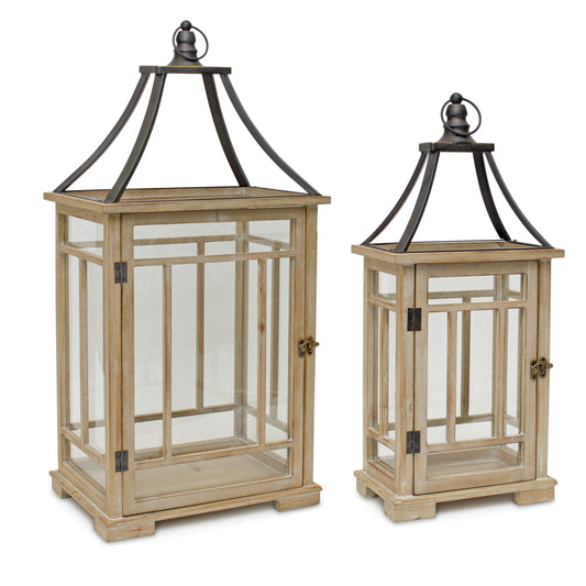 Set of Two Brown and Black Wood and Metal Geometric Tabletop Lantern Candle Holders