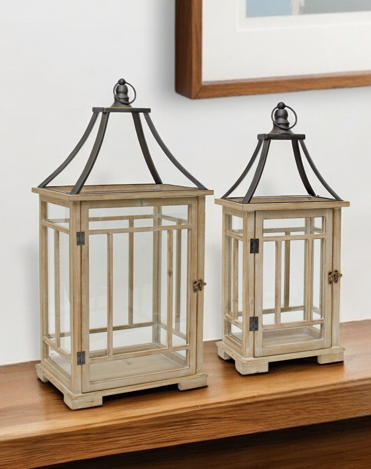 Set of Two Brown and Black Wood and Metal Geometric Tabletop Lantern Candle Holders