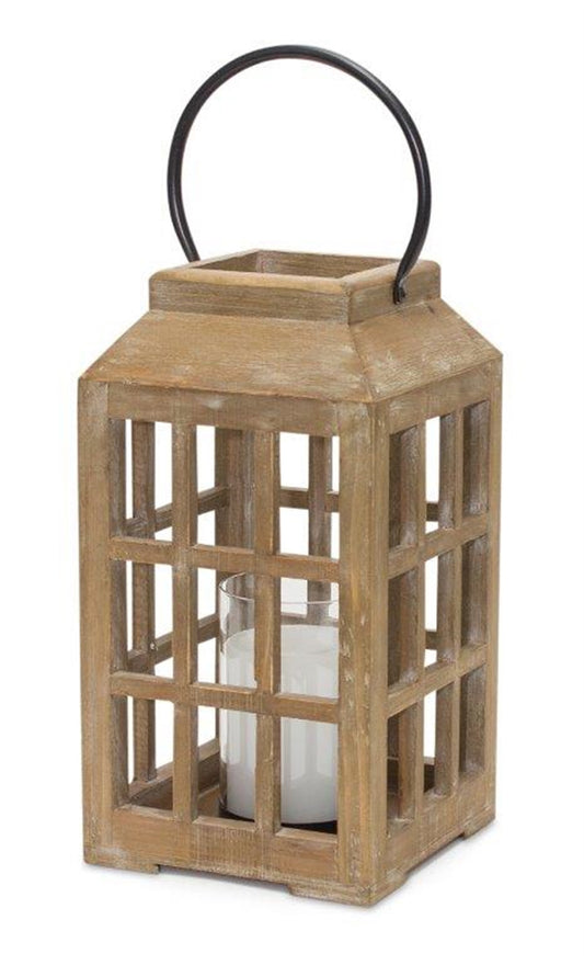 13" Natural Wood and Glass Hurrican Lantern Candle Holder