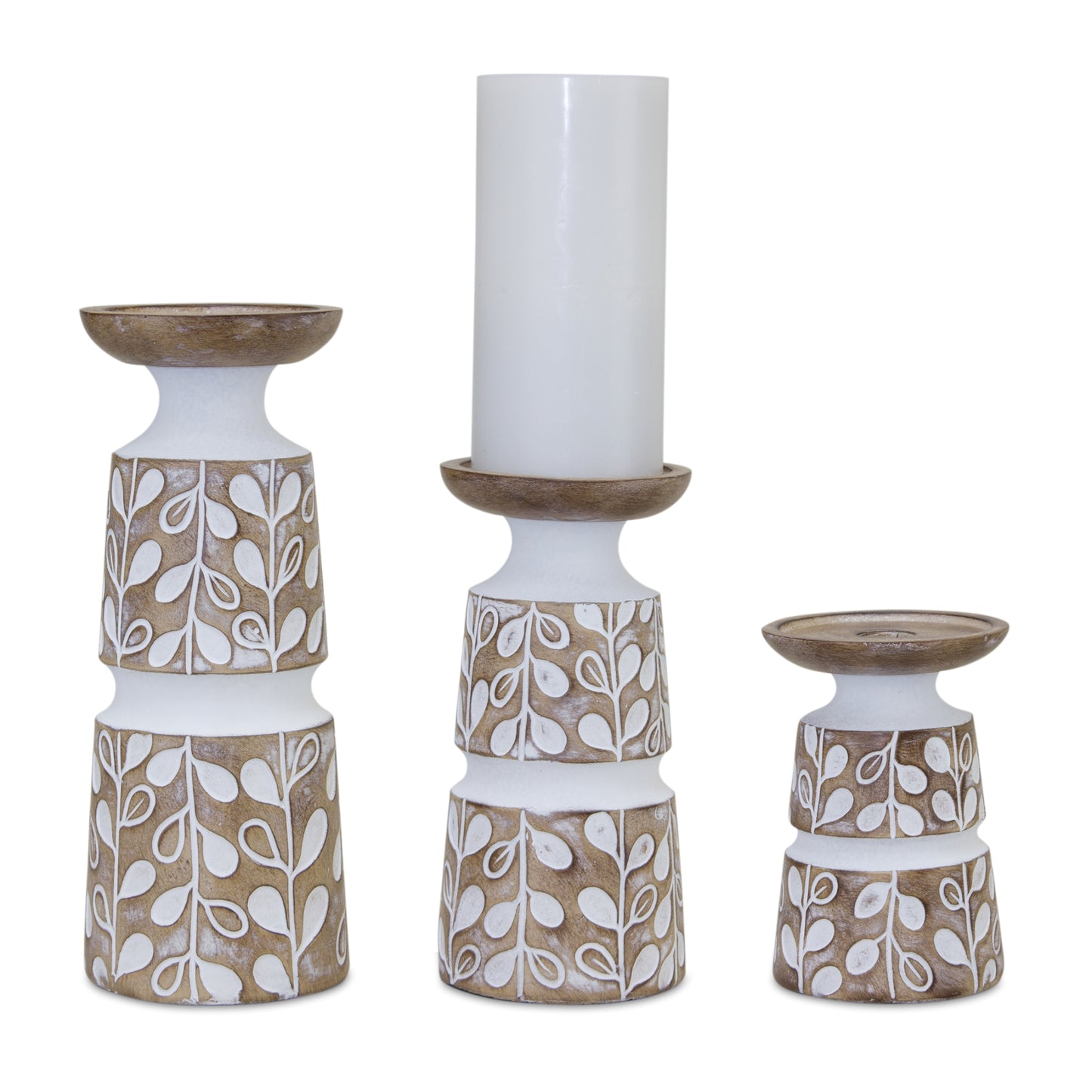 Set of Three Brown and White Stone Powder Botanical Leaf Tabletop Pillar Candle Holders