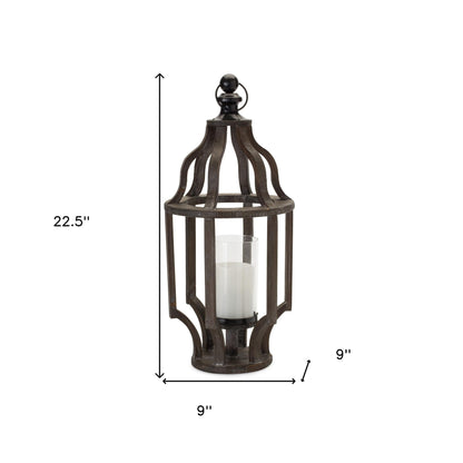 23" Black Wood and Glass Geometric Tabletop Lantern Candle Holder