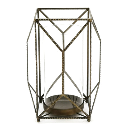 12" Gold Iron and Glass Geometric Floor Hurricane Candle Holder