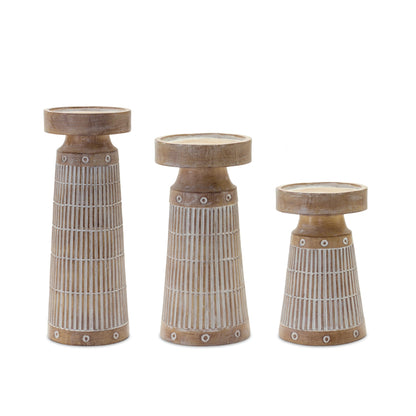 Set of Three Natural and White Polyresin Geometric Tabletop Pillar Candle Holders