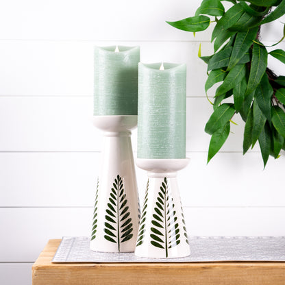 Set of Two Green and White Ceramic Botanical Leaf Tabletop Pillar Candle Holders