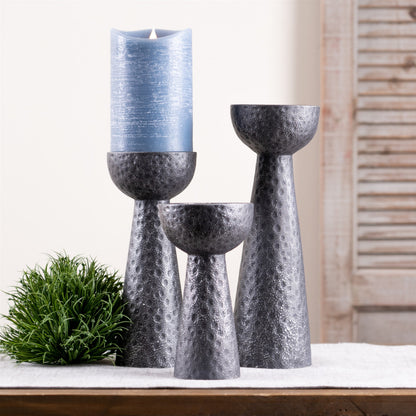 Set of Two Black Polyresin Hammered Tabletop Pillar Candle Holders