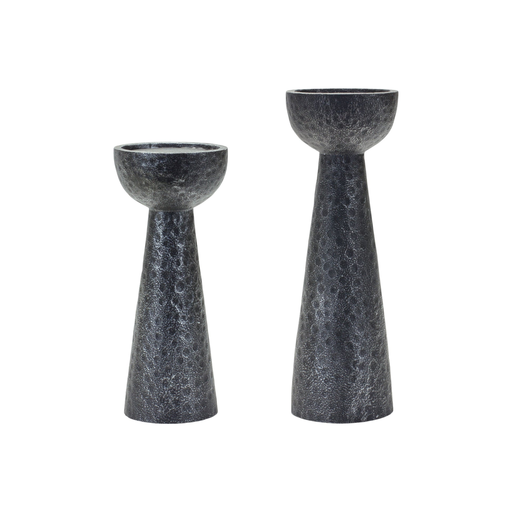 Set of Two Black Polyresin Hammered Tabletop Pillar Candle Holders