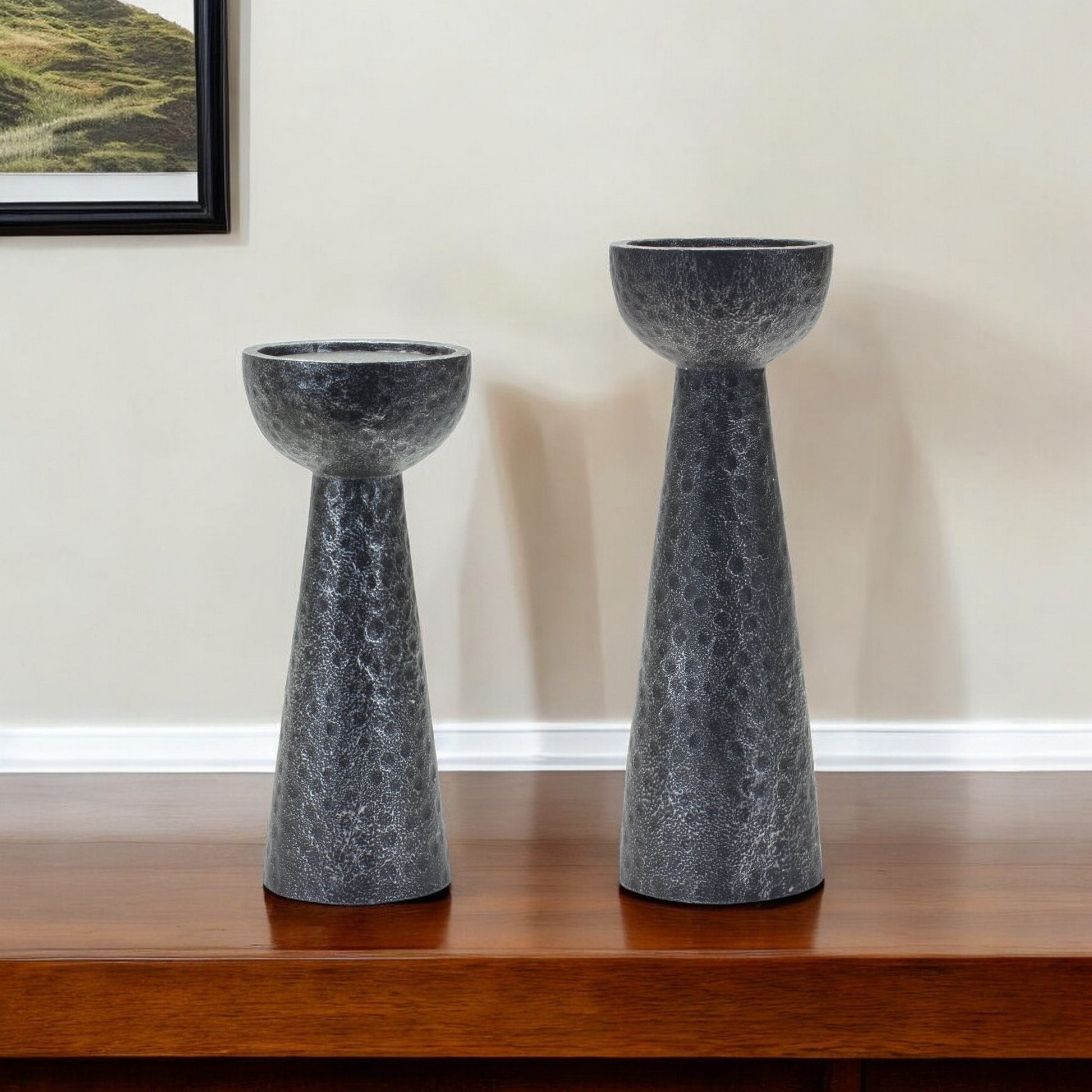 Set of Two Black Polyresin Hammered Tabletop Pillar Candle Holders