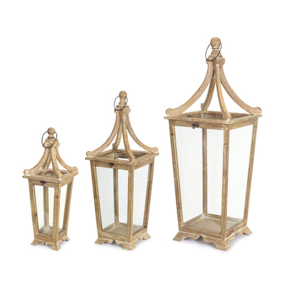 Set of Three Brown Wood and Glass Floor Lantern Candle Holders