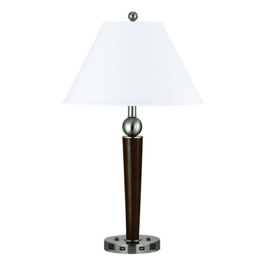 29" Nickel Metal Two Light Geometric USB Table Lamp With White Empire Shade