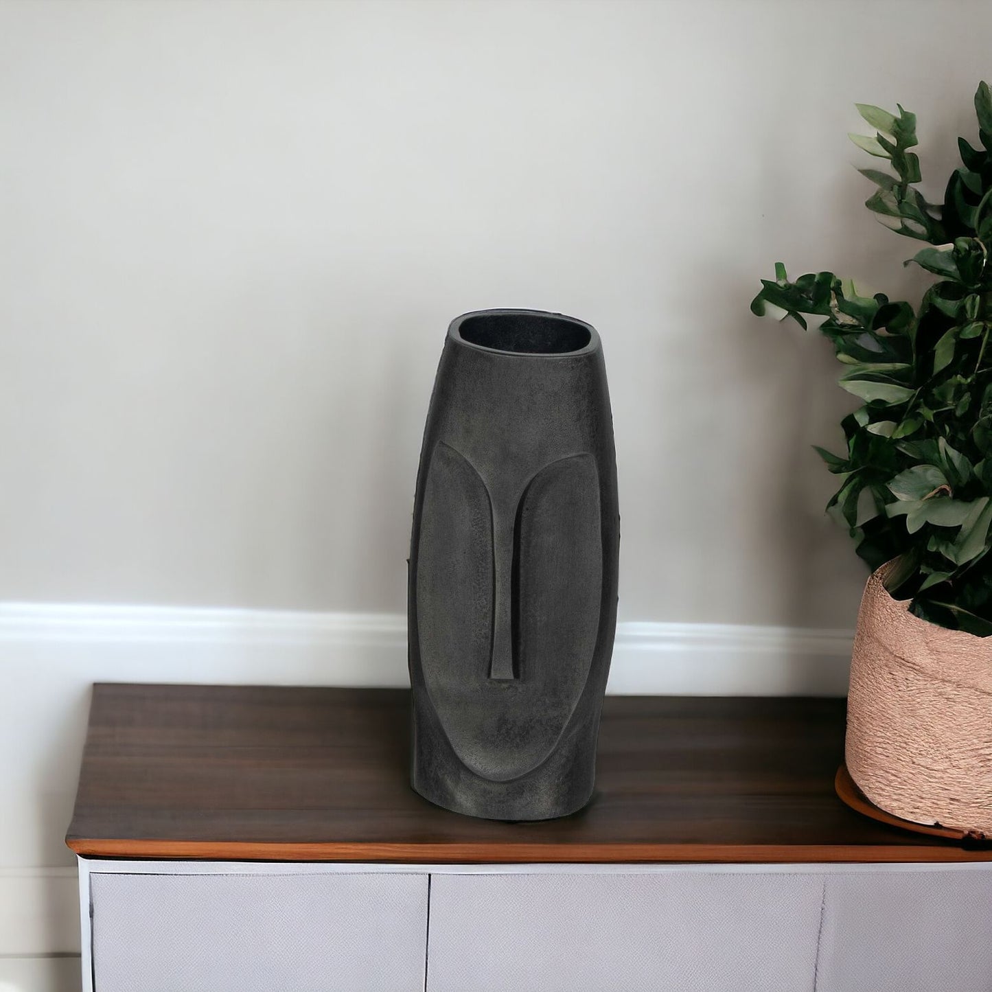 10" Gray Face Aluminum Table Vase With Sculptural Details