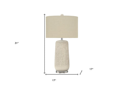 31" Cream Ceramic Geometric Table Lamp With Beige Drum Shade