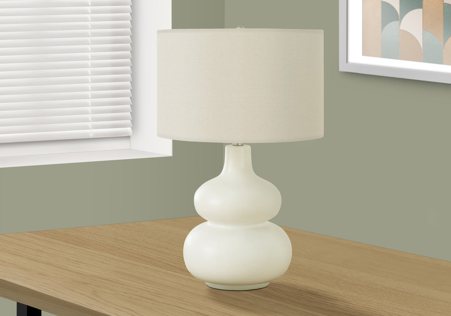 25" Cream Ceramic Gourd Table Lamp With Cream Drum Shade