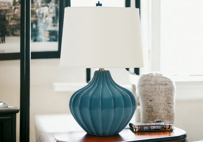 24" Blue Ceramic Gourd Table Lamp With Cream Empire Shade